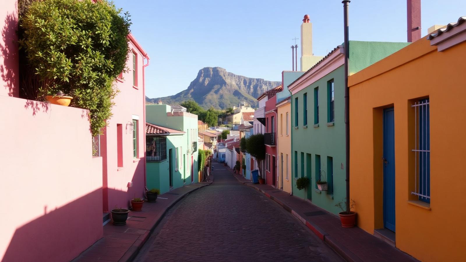Colourful painted houses lining a cobbled street in Bo-Kaap, Cape Town, with Table Mountain behind