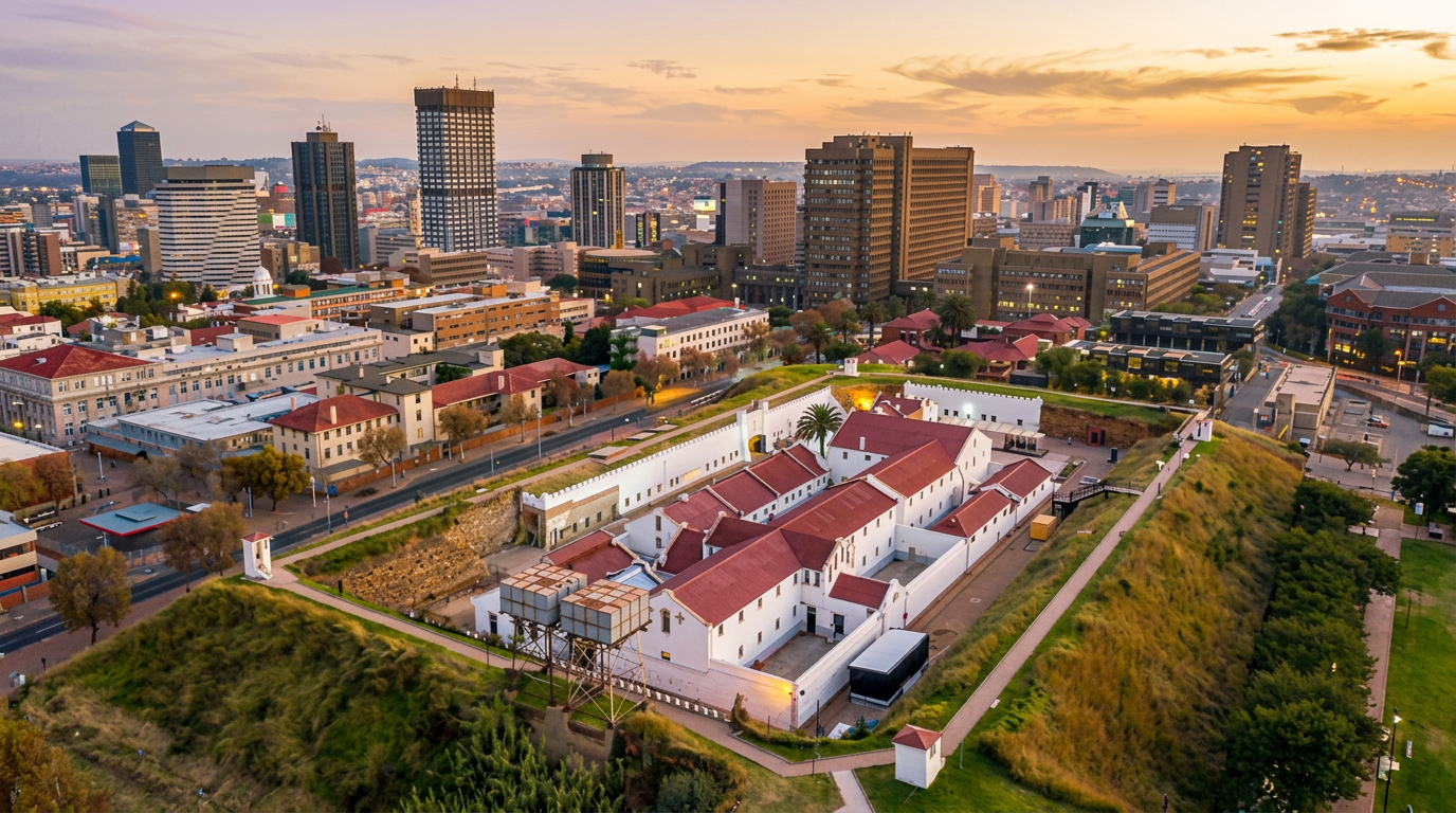 Aerial view of Constitution Hill in Johannesburg, the historic fort and prison buildings with the city skyline behind