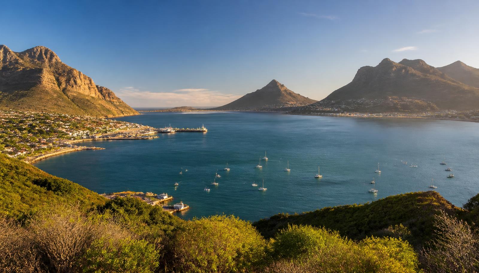 Hout Bay, Cape Town, viewed from the heights with mountains and sea