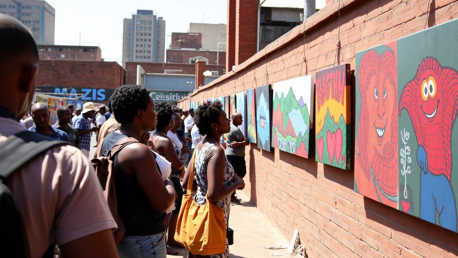 People viewing paintings displayed on a brick wall at a street art market in Maboneng, Johannesburg