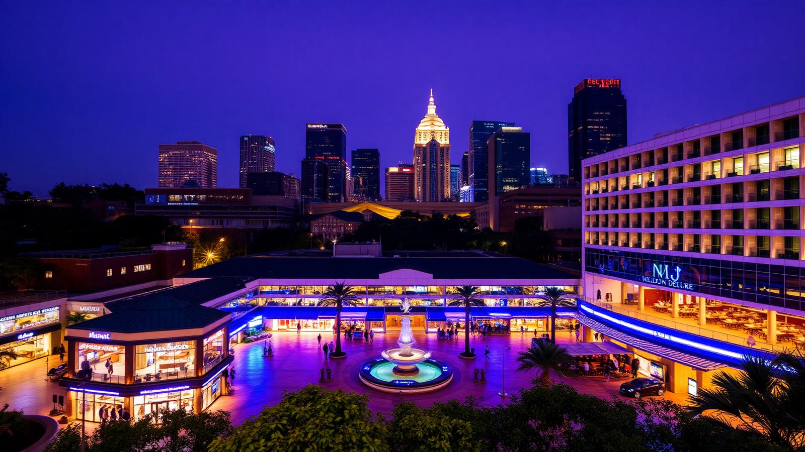 Nelson Mandela Square in Sandton, Johannesburg, lit up at night with the city skyline behind