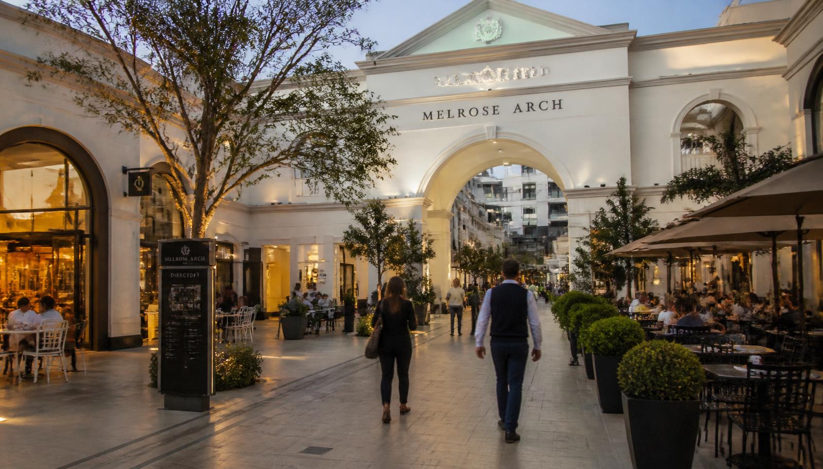 The Melrose Arch shopping precinct in Johannesburg in the evening