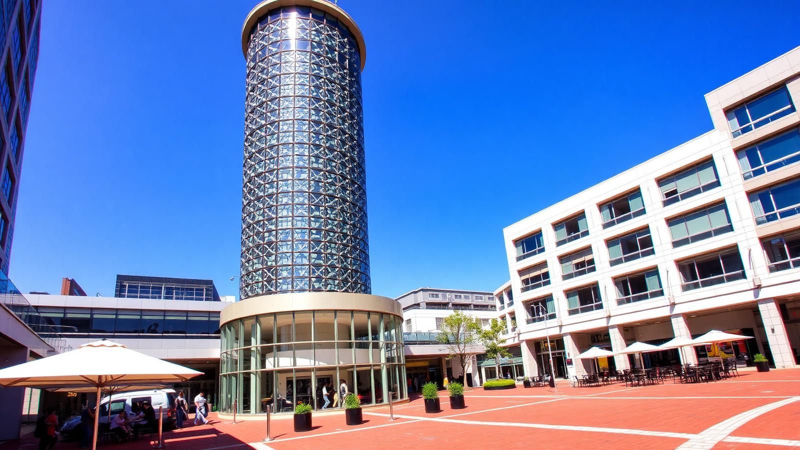 Pedestrian plaza at Melrose Arch, Johannesburg, with modern buildings and outdoor cafes