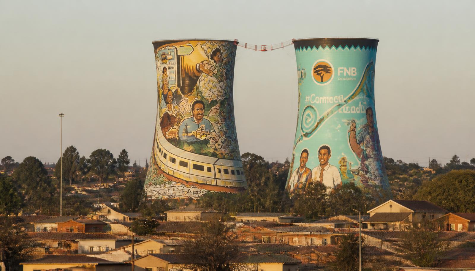 The painted Orlando Towers rising above the Soweto skyline