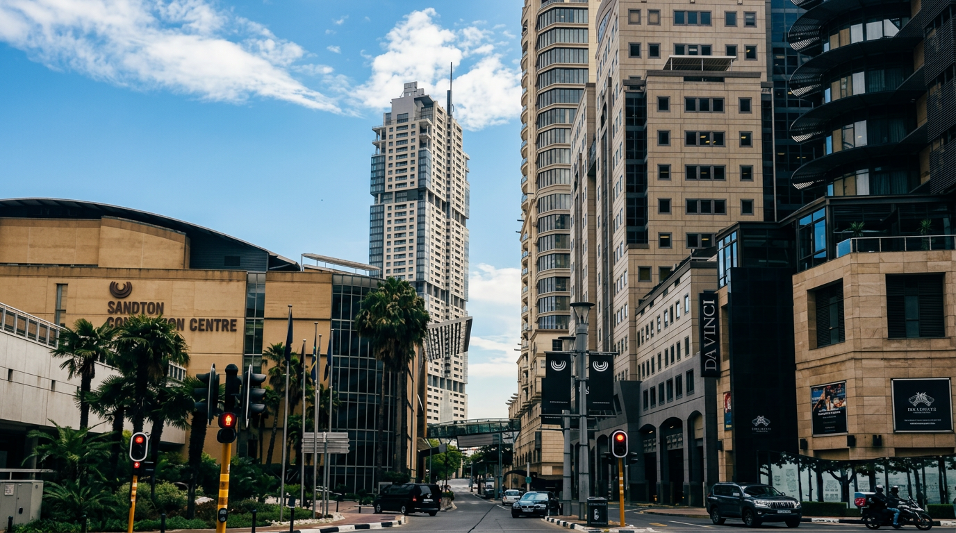 Modern towers along a street in central Sandton, Johannesburg