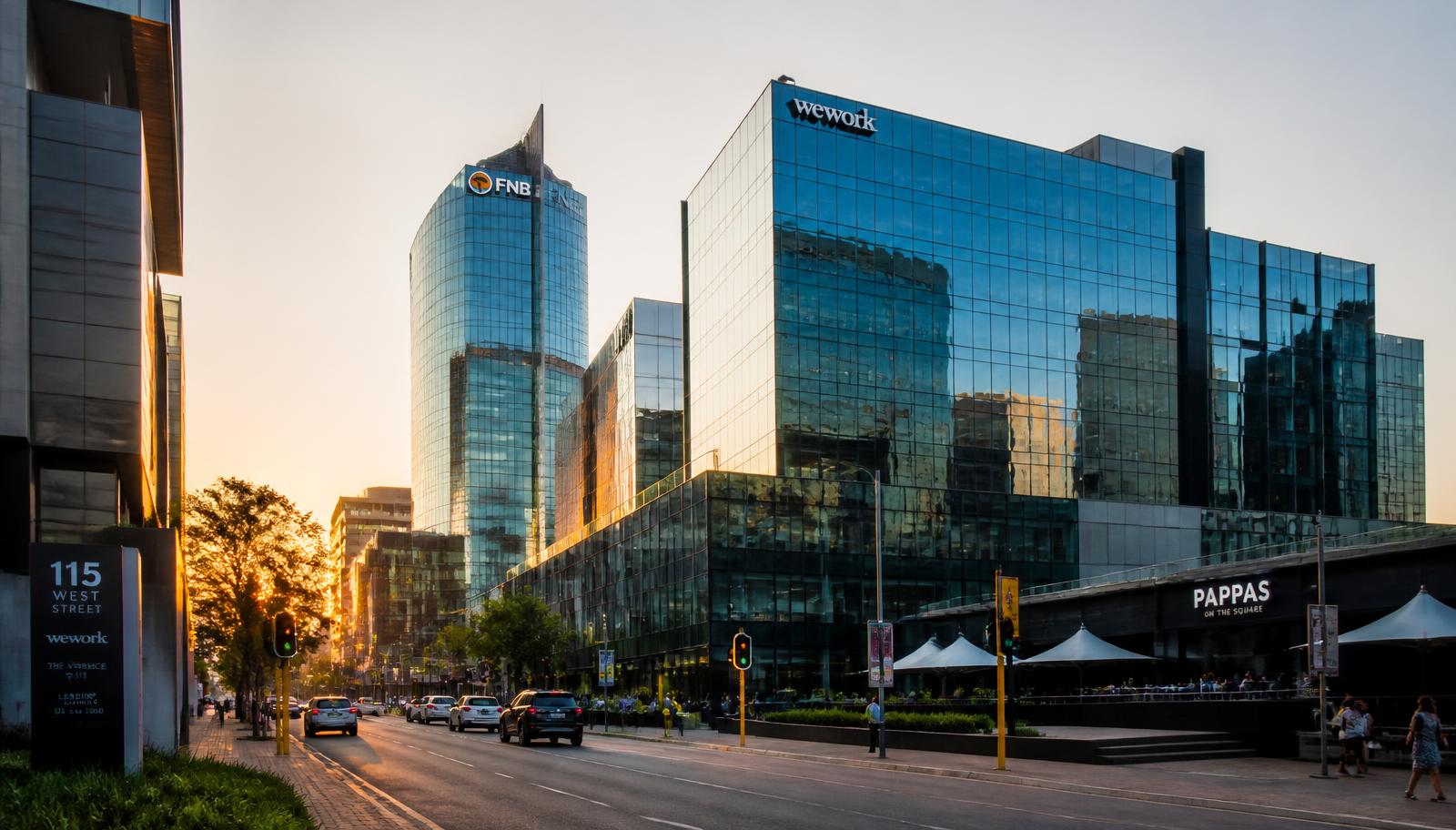 Glass office towers of downtown Sandton, Johannesburg, at golden hour