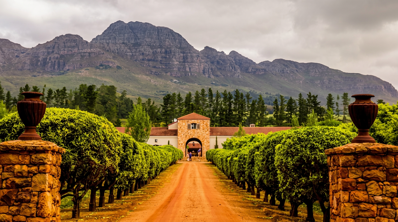 A Stellenbosch wine estate framed by vineyards and mountains