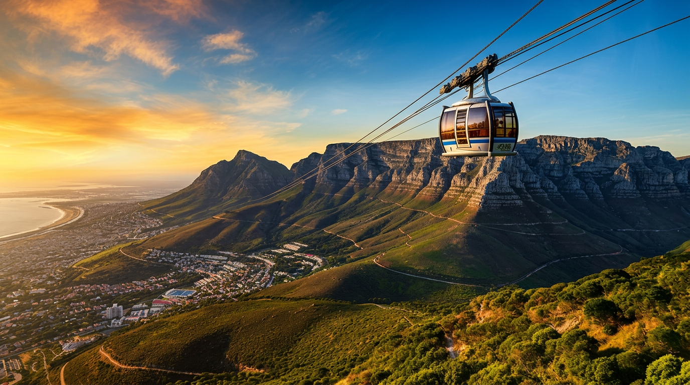 Table Mountain cableway above Cape Town at golden hour