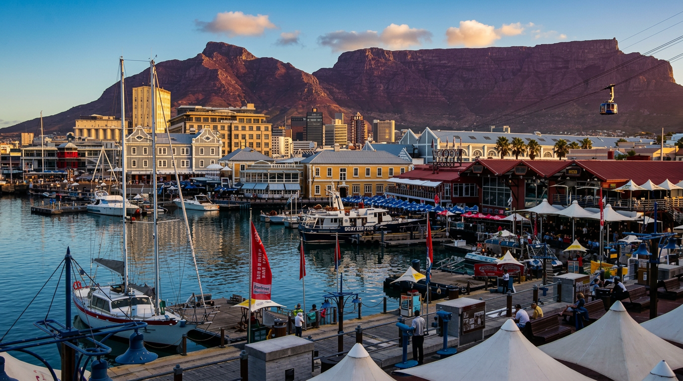 The V&A Waterfront harbour in Cape Town with boats and Table Mountain behind it