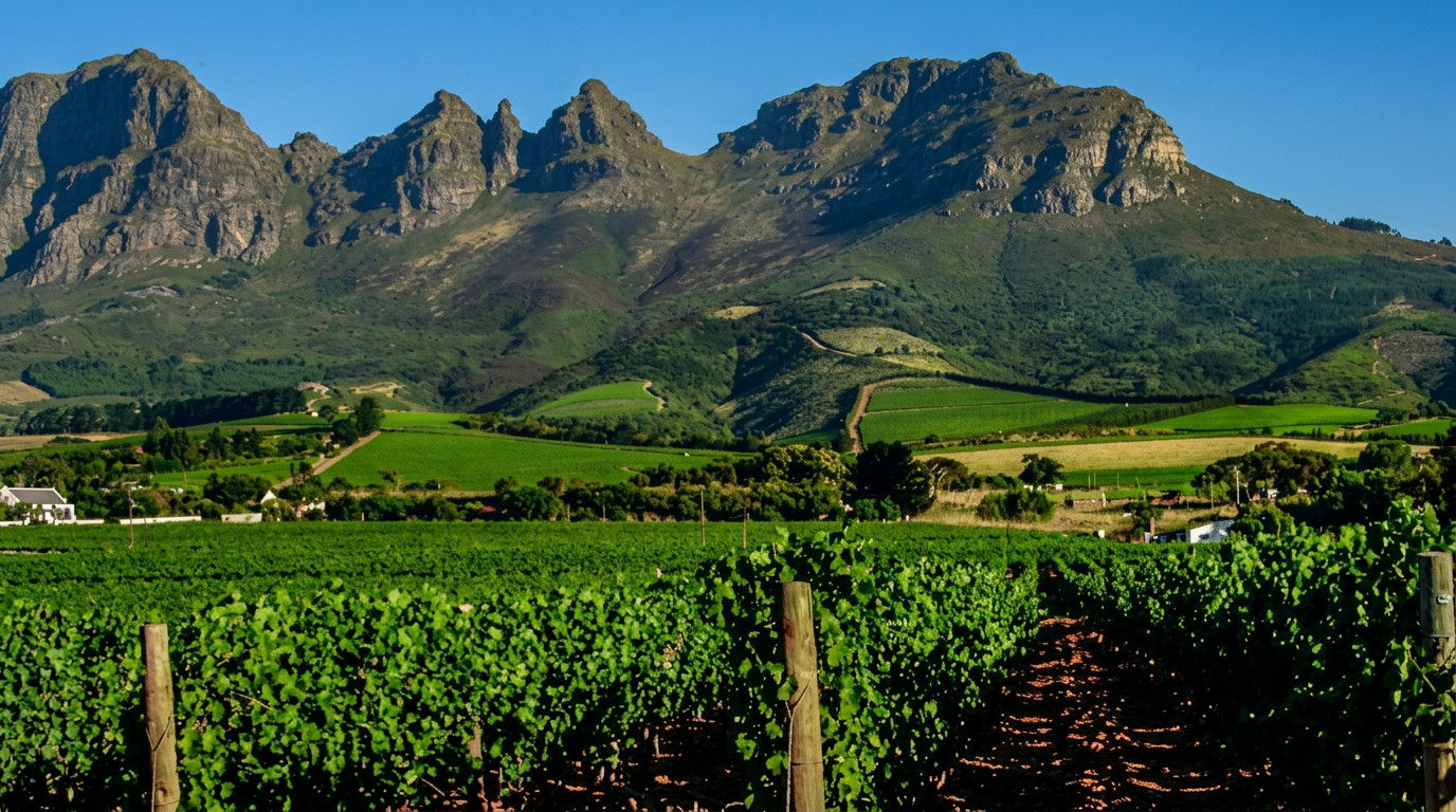 Cape Winelands vineyards beneath rugged mountain peaks