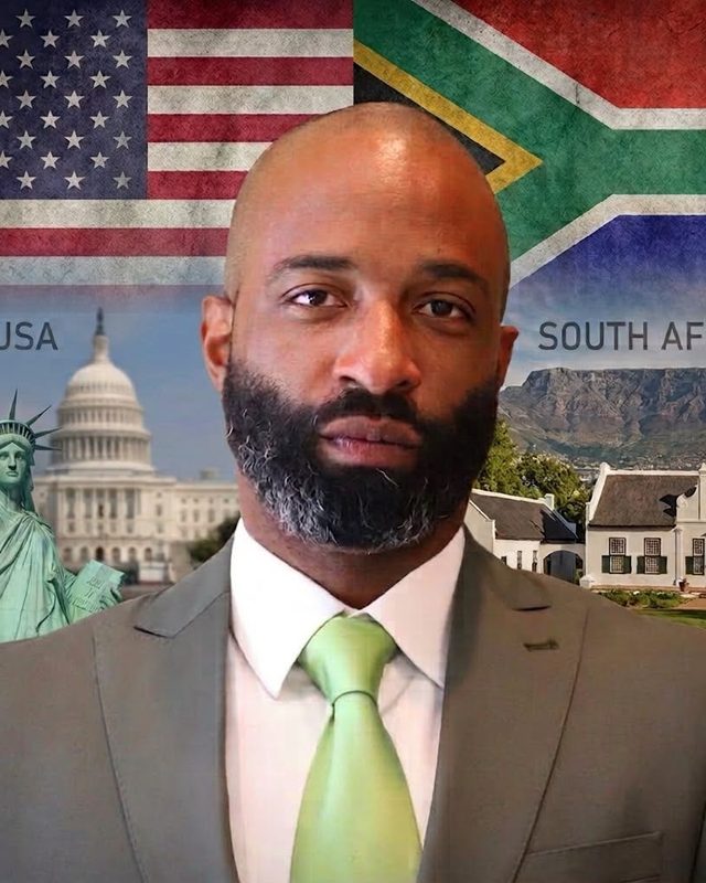 Chris Isaacs, founder and US market host, in a grey suit with a light green tie, against a split USA and South Africa background.