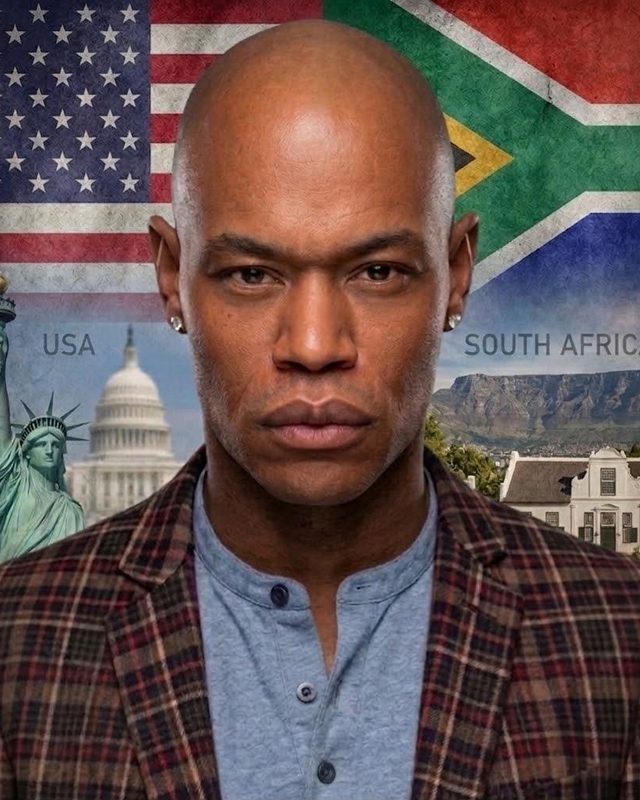 Sydney Hall, local director and experience curator, in a plaid blazer, against a split USA and South Africa background.